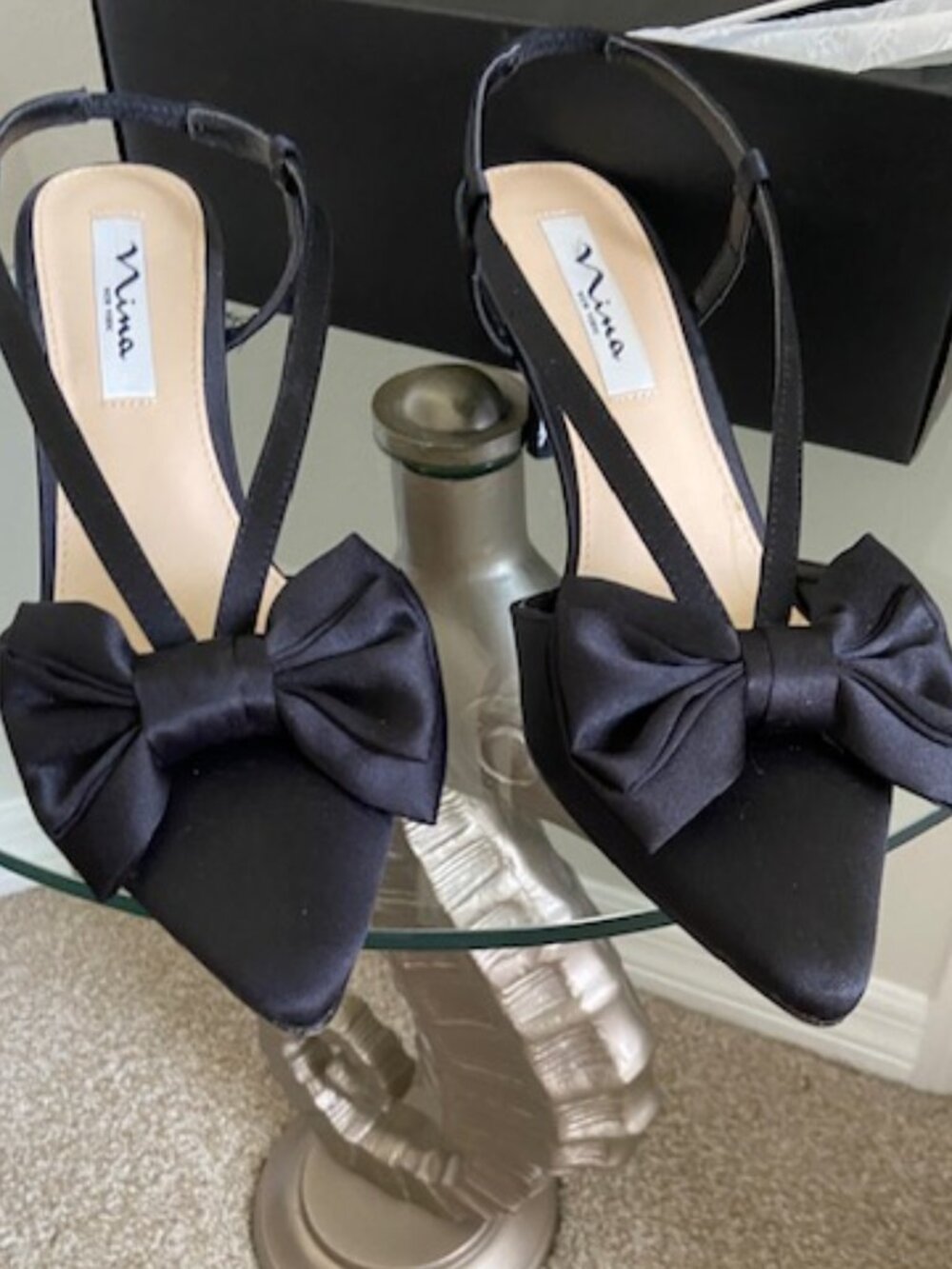 Nina Teddy Black Luster Satin Slingback with Bow -worn once - Size 9